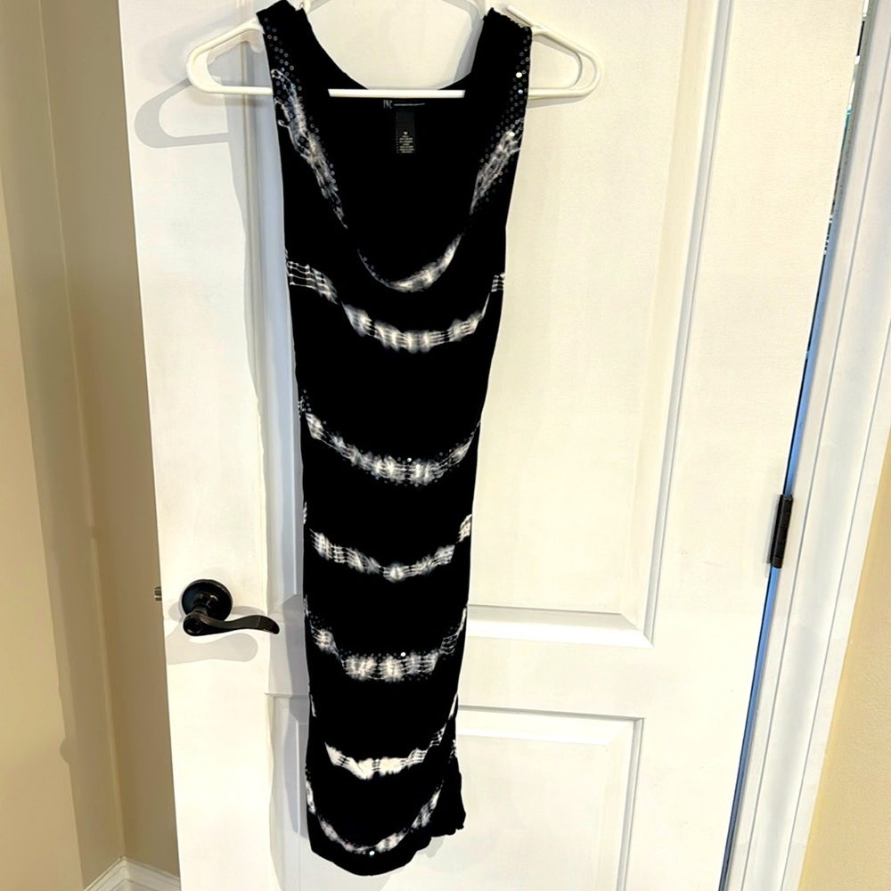 INC black dress with muted white stripes and sequins, size M, worn once